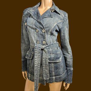 Y2K Denim Belted Jacket Short Trench Coat Size S Flap Pockets Double Breasted